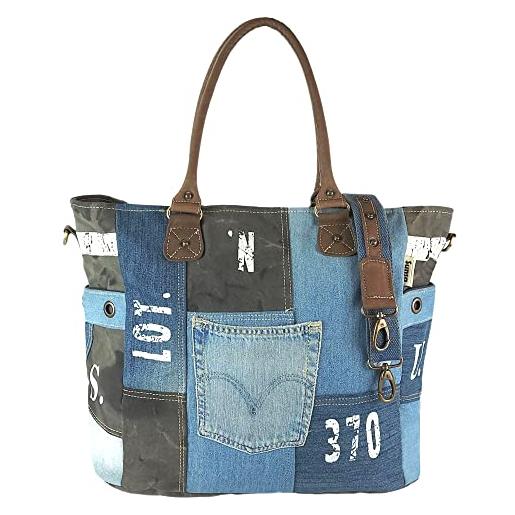 Sunsa borsa a mano da donna, misura xxl, in tela riciclata, jeans e pelle, borsa da spiaggia sostenibile, con chiusura a cerniera, stile toppa, borsa a tracolla vintage