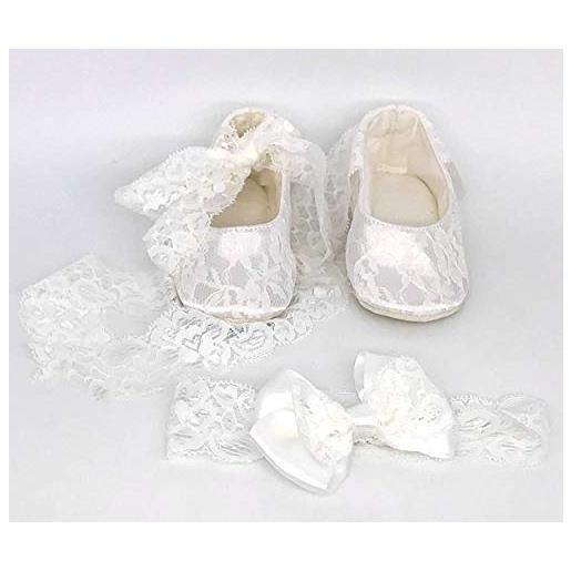 Brillabenny set pizzo fascia capelli e ballerine in pizzo bianco bambina neonata scarpine scarpe eleganti battesimo cerimonia nascita 10 cm Brillabenny (0-3 mesi)