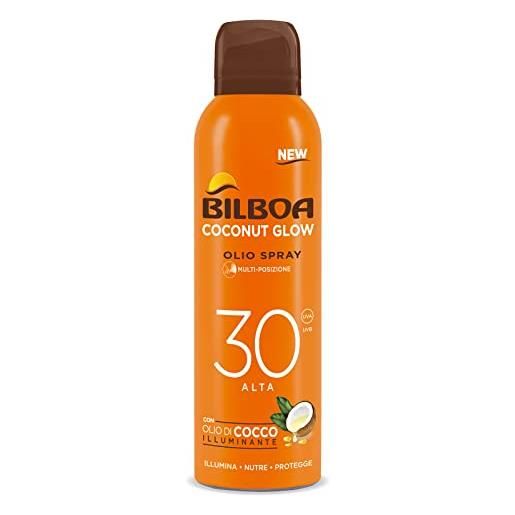 Bilboa, bov solare coconut glow spf 30, crema solare spray con olio di cocco e vitamina e, leggera sulla pelle, protezione solare resistente all'acqua, 150 ml