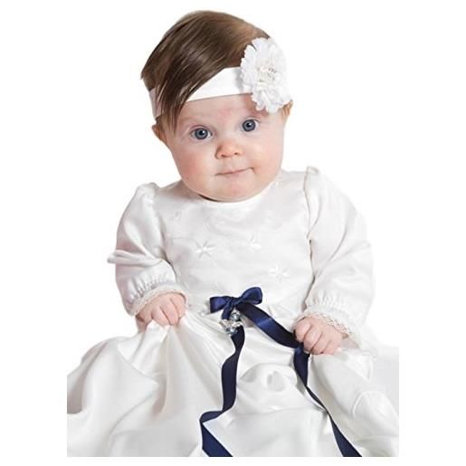 Grace of Sweden battesimo grace-flower in raso bianco sporco con maniche lunghe da Grace of Sweden bianco dark blue bow ribbons 62, 3-6 months, chest 18 in. 