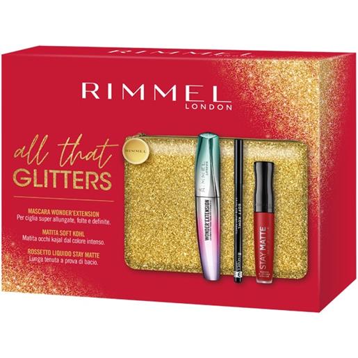 Rimmel kit all that glitters mascara 9,5ml + matita occhi kajal 1,2g + rossetto matte 5,5ml + pochet