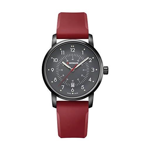 WENGER uomo avenue - orologio al quarzo analogico in acciaio inossidabile con cinturino rosso in silicone fabbricato in svizzera 01.1641.117