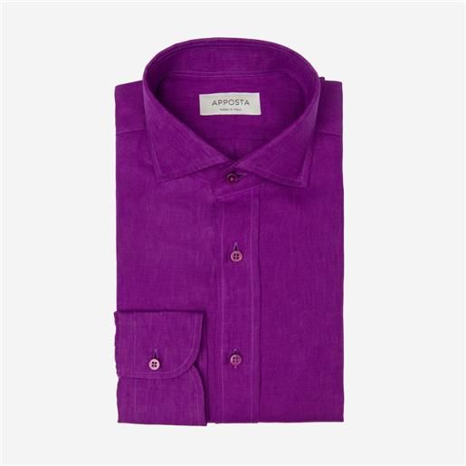 Apposta camicia tinta unita viola lino tela, collo stile collo francese aggiornato a punte corte