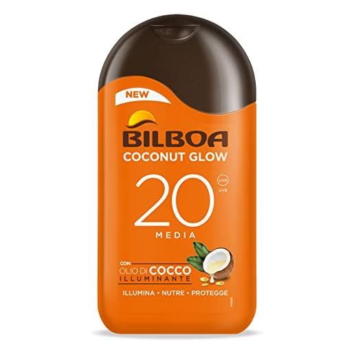 Bilboa, latte solare coconut glow spf 20, crema solare con olio di cocco e vitamina e, leggera sulla pelle, protezione solare resistente all'acqua, 200 ml