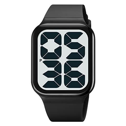 Yuxier orologio da uomo con display digitale, elettronico, semplice, alla moda, classico, impermeabile, casual, per coppie, orologio quadrato grande con el luminoso, nero e bianco, cinturino