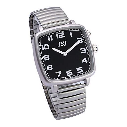 VISIONU tfsw-1708f - orologio parlante analogico di forma quadrata, con funzione sveglia, indicazione dell'ora e data in francese, quadrante nero, cinturino estensibile