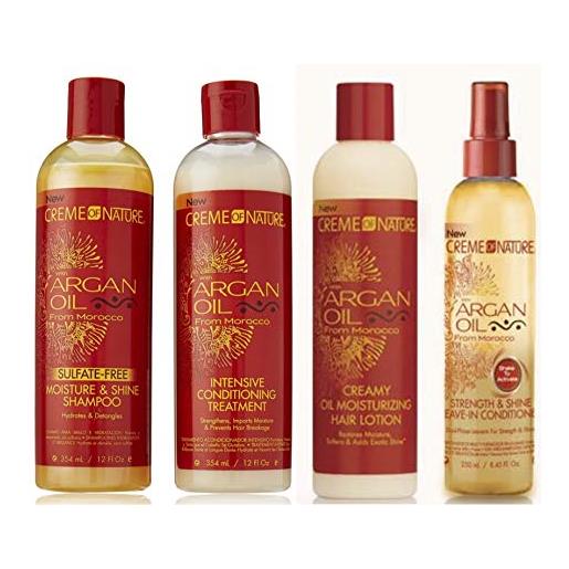 Sconosciuto crème of nature - set di prodotti per capelli all'olio di argan del marocco, confezione da 4 unità: shampoo, balsamo, balsamo senza risciacquo e lozione idratante per capelli