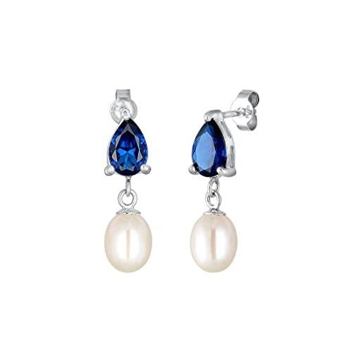 Elli orecchini da donna in argento 925 con perle coltivate d'acqua dolce e zaffiro artificiale blu