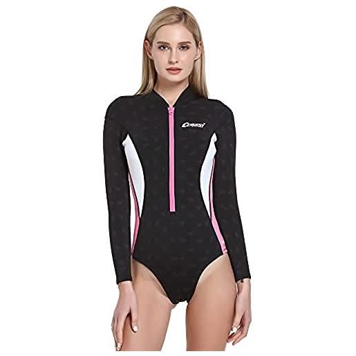 Cressi termico long sleeve lady swimsuit 2 mm, costume monopezzo maniche lunghe in neoprene high stretch donna, nero/rosa/bianco, s