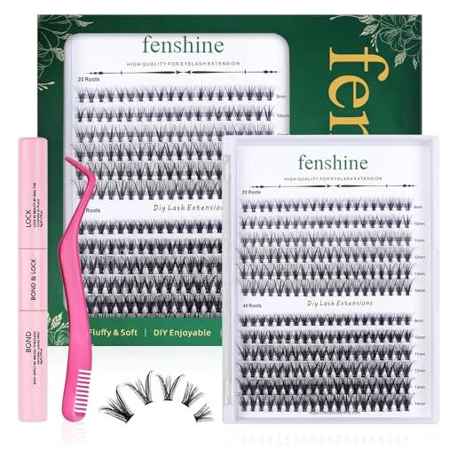 Fenshine ciglia finte naturali ciuffetti estensione ciglia individuali d curl lunghezza mista ciglia a grappolo diy individuali (20d+40d eyelash kits)
