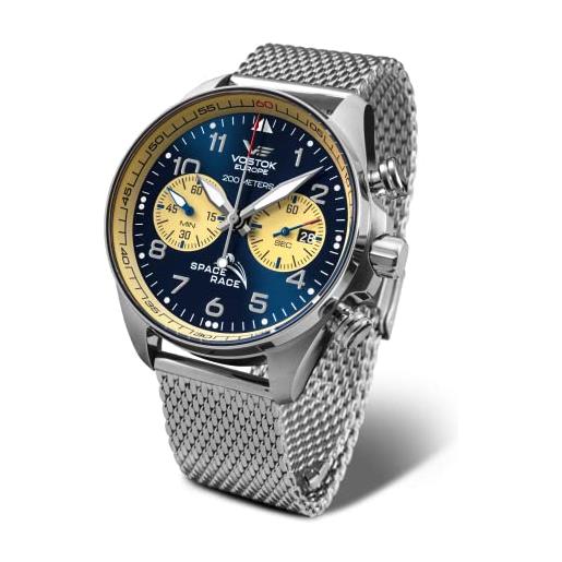 Vostok Europe space race orologio da uomo cronografo con cinturino in maglia milanese 20 atm, argento/blu, bracciale