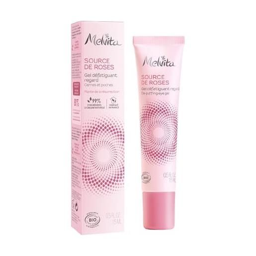 Melvita - gel fresco contorno occhi source de roses - idrata e decongestiona - aiuta a ridurre borse e occhiaie - certificato biologico - made in france - tubo da 15 ml