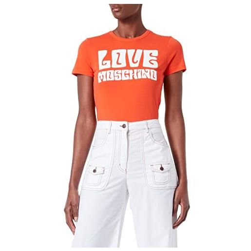 Love Moschino maglietta slim fit in jersey di cotone con stampa anni '70. T-shirt, colore: arancione, 54 donna