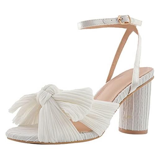 COOLCEPT donna elegant pleated bowknot bridal sandali alto tacco largo sposa scarpe cinturino alla caviglia beige numero 39