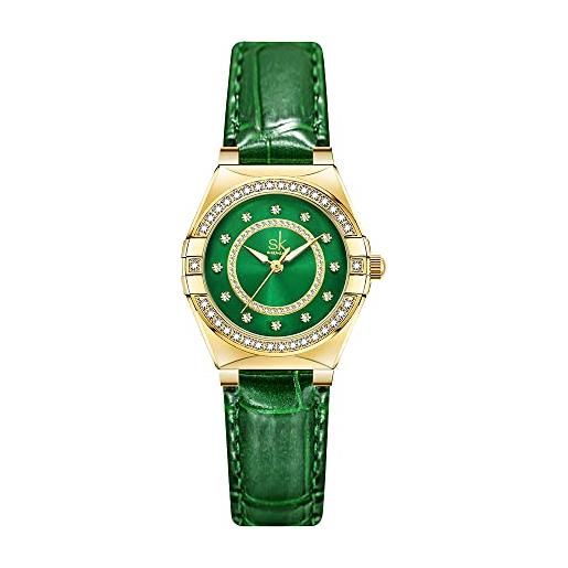 SHENGKE sk - orologio da donna alla moda con diamanti di cristallo, orologio elegante con cinturino in vera pelle e acciaio inossidabile, pelle verde, orologio vestito