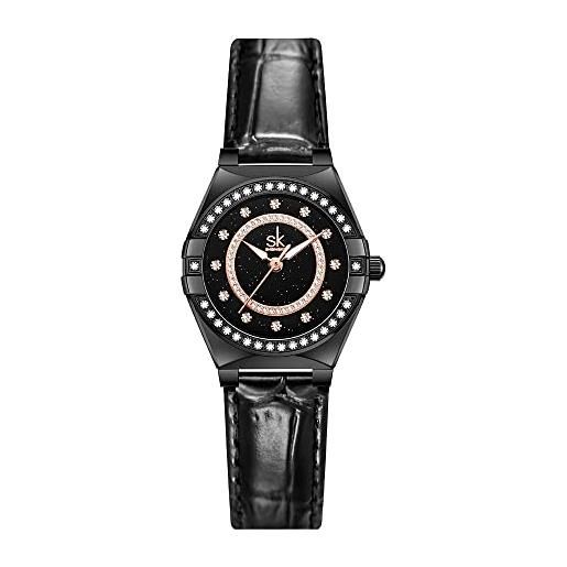 SHENGKE sk - orologio da donna alla moda con diamanti di cristallo, orologio elegante con cinturino in vera pelle e acciaio inossidabile, pelle nera, orologio vestito