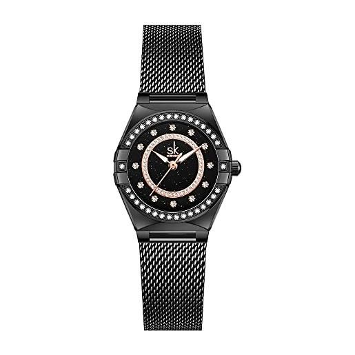 SHENGKE sk - orologio da donna alla moda con diamanti di cristallo, orologio elegante con cinturino in vera pelle e acciaio inossidabile, rete nera. , orologio vestito