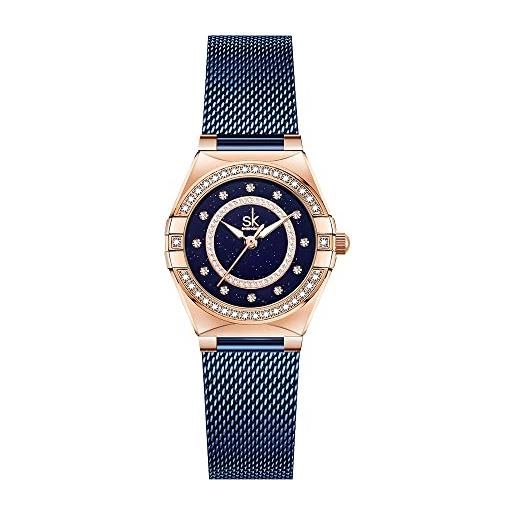 SHENGKE sk - orologio da donna alla moda con diamanti di cristallo, orologio elegante con cinturino in vera pelle e acciaio inossidabile, rete blu, orologio vestito
