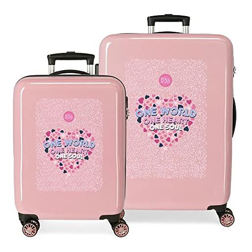 ROLL ROAD one world set di valigie rosa 55/68 cm rigida abs chiusura a combinazione laterale 104 l 6 kg 4 ruote doppie attrezzature a mano