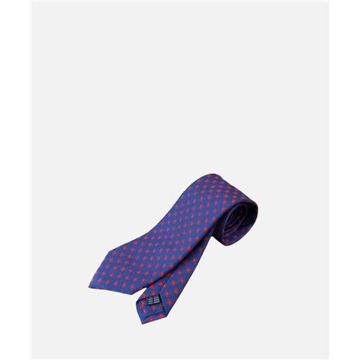 Ulturale cravatta 3 pieghe english, 100% seta jacquard, blu fiori grandi rossi