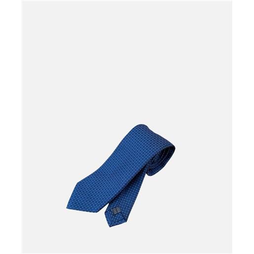 Ulturale cravatta 3 pieghe english, 100% seta jacquard, tramata blu puntini grigi