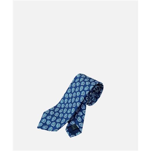 Ulturale cravatta tre pieghe classic, cotone e seta, blu fiori bianchi