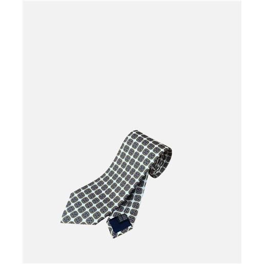 Ulturale cravatta tre pieghe classic, seta stampata, bianca quadri blu