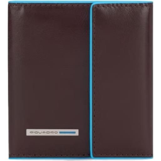 Piquadro blue square portafoglio slim compatto, pelle marrone mogano