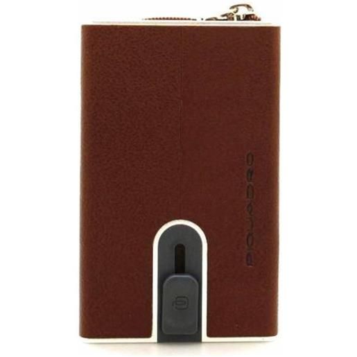 Piquadro black square portafogli compact wallet con portamonete, pelle cuoio tabacco marrone