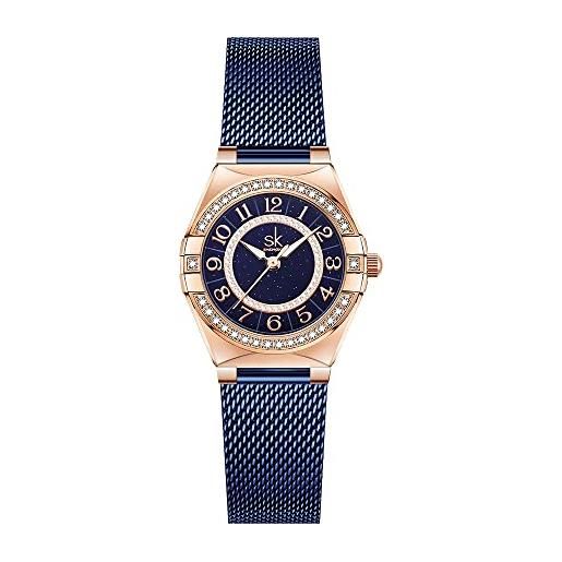 SHENGKE sk orologio da donna facile da leggere con numeri arabi cristallo diamante orologio vestito da donna resistente all'acqua, rete blu, giapponese