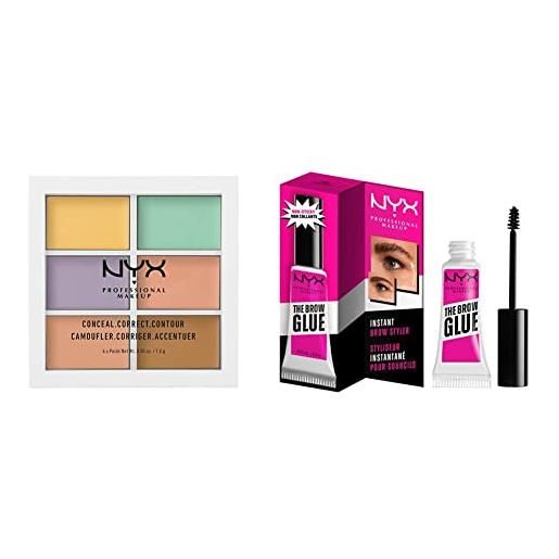 Nyx professional makeup palette colour correcting, palette 6 correttori & the brow glue, gel trasparente per sopracciglia effetto laminazione