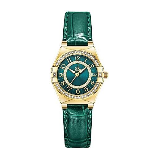 SHENGKE sk orologio da donna facile da leggere con numeri arabi cristallo diamante orologio vestito da donna resistente all'acqua, verde, giapponese