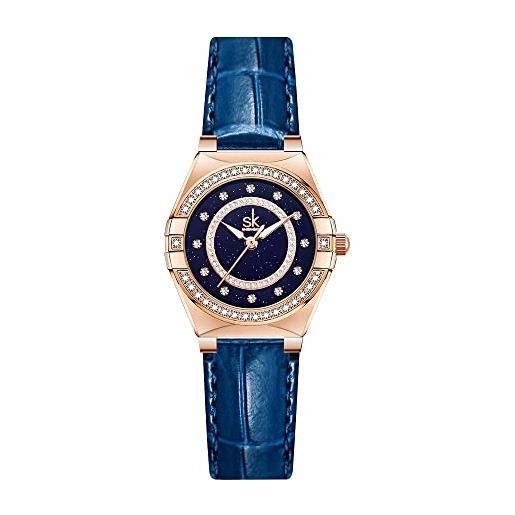 SHENGKE sk - orologio da donna alla moda, con diamanti di cristallo, con cinturino in vera pelle e acciaio inossidabile, pelle blu. , orologio vestito