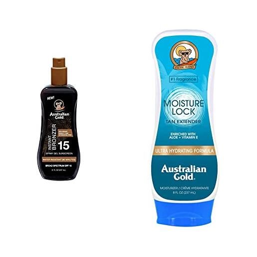 Australian Gold sunscreen spf15 spray gel with instant bronzer 237 ml & moisture lock tan extender - doposole idratante, 227g