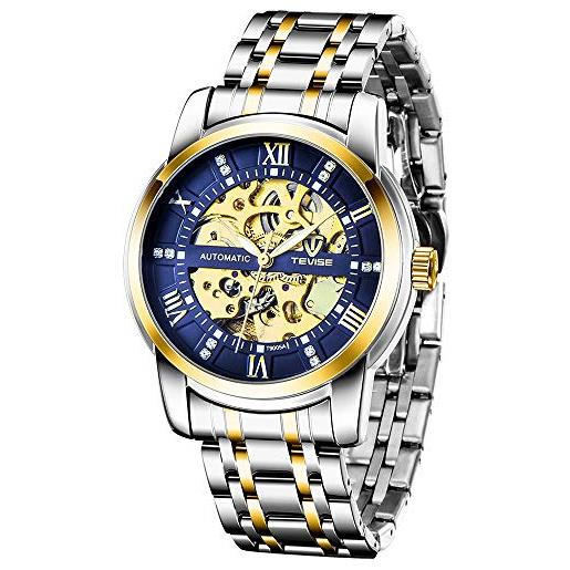 Tiong bosni orologio da uomo orologio da polso meccanico automatico scheletrato in acciaio nero dorato per uomo (oro blu)