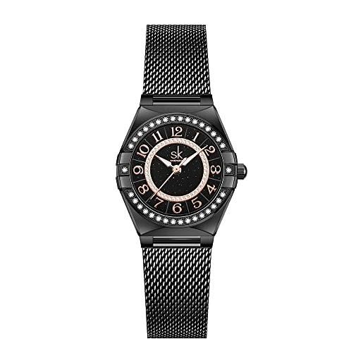 SHENGKE sk orologio da donna facile da leggere con numeri arabi cristallo diamante orologio vestito da donna resistente all'acqua, rete nera. , giapponese