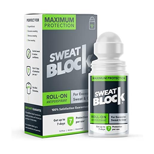 Sweat. Block antiperspirant roll-on - max clinical with driboost [pm] - treat hyperhidrosis, excessive sweat & odor, up to 7 days sweat control per use - unisex - 1.2 fl oz