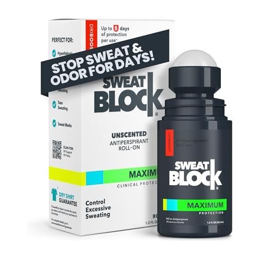 Sweat. Block antiperspirant roll-on - max clinical with driboost [pm] - treat hyperhidrosis, excessive sweat & odor, up to 7 days sweat control per use - unisex - 1.2 fl oz