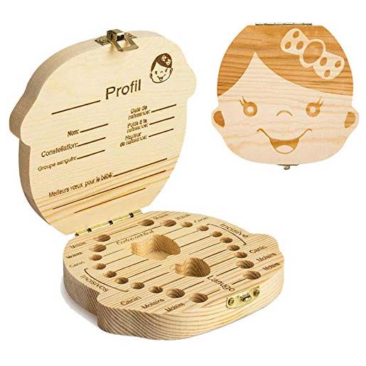 GeekerChip scatola per denti da latte[ragazza], realizzata a mano in legno durevole denti box decidui salva ricordi di bambina