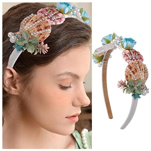 Unicra cerchietto per capelli da sposa e da spiaggia, accessorio per capelli con perle e fiori, per donne e ragazze (e)