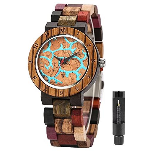 Tiong orologio al quarzo in legno da donna quadrante venato blu | orologio da donna in legno naturale | la scelta migliore come regalo per la festa della mamma. . 