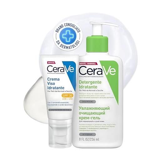 CeraVe kit skincare viso, detergente idratante, per pelli da normali a secche, con acido ialuronico, 236 ml + spf 30, 52 ml