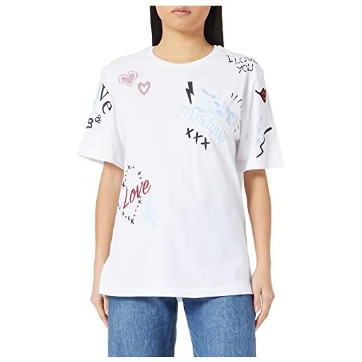 Love Moschino maniche corte oversize fit con stampa love & sketches e ricami t-shirt, bianco, 48 donna