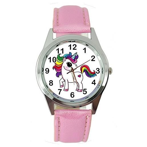 Taport® - orologio al quarzo con cinturino rosa in pelle, e2, motivo unicorno, batteria di ricambio e sacchetto regalo inclusi