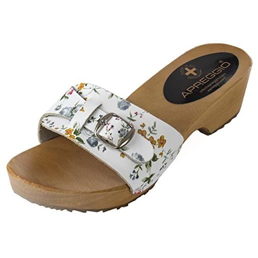 APREGGIO - zoccoli da donna in pelle liscia - eleganti sandali estivi da donna con tacco alto - stile svedese - punta aperta - suola in legno - per l'estate - bianco con fiori- taglia 36 eu