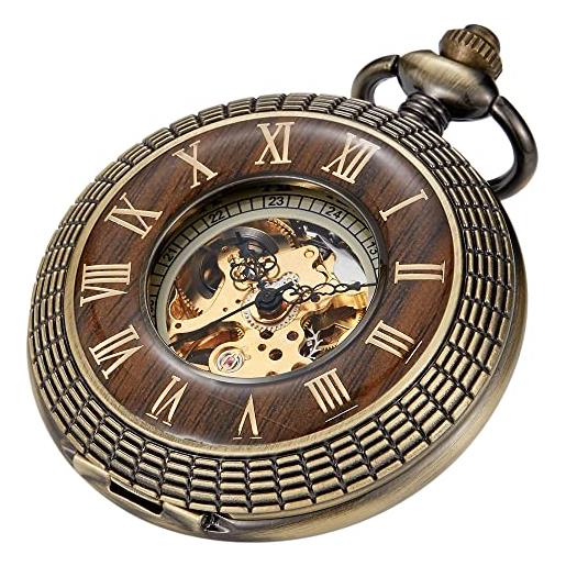 Tiong orologio da tasca in legno meccanico steampunk elegante rame legno design viso aperto orologi da tasca da uomo con scatola a catena migliori regali, 07-bronzo, classico
