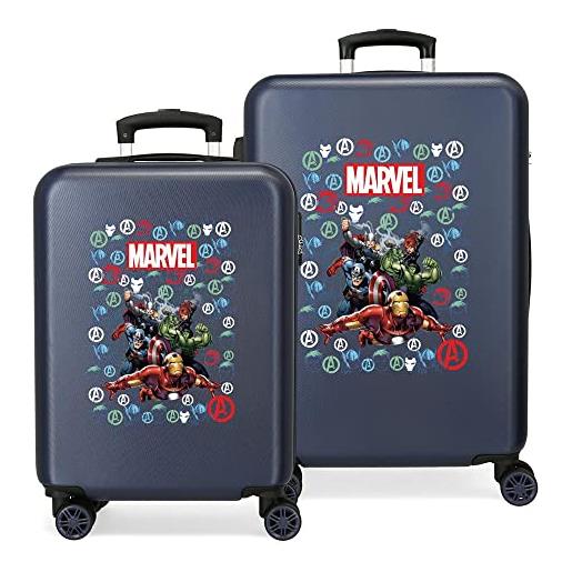 Marvel avengers team set di valigie, 55/68 cm rigida abs chiusura a combinazione laterale 104 6 kg 4 ruote doppie bagaglio a mano, blu (marino)