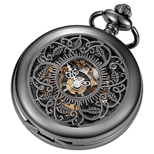 Tiong orologio da tasca meccanico vintage steampunk classico design da uomo orologio da tasca con catena regalo di compleanno festa del papà, 23-nero, classico