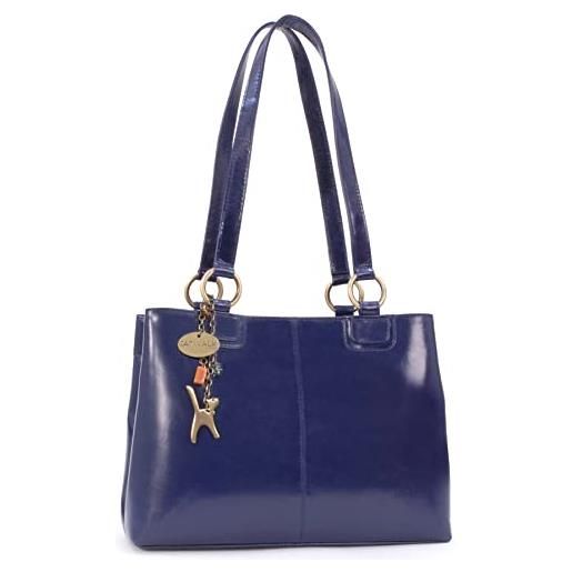 Catwalk Collection Handbags - vera pelle - borsa a spalla/borse a mano/tote - con ciondolo a forma di gatto - bellstone - blu