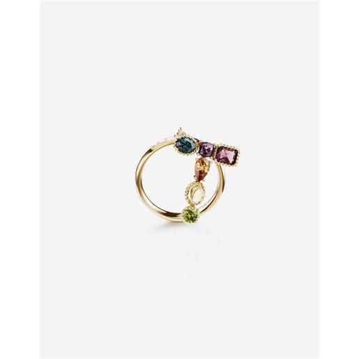 Dolce & Gabbana rainbow alphabet t ring in yellow gold with multicolor fine gems
